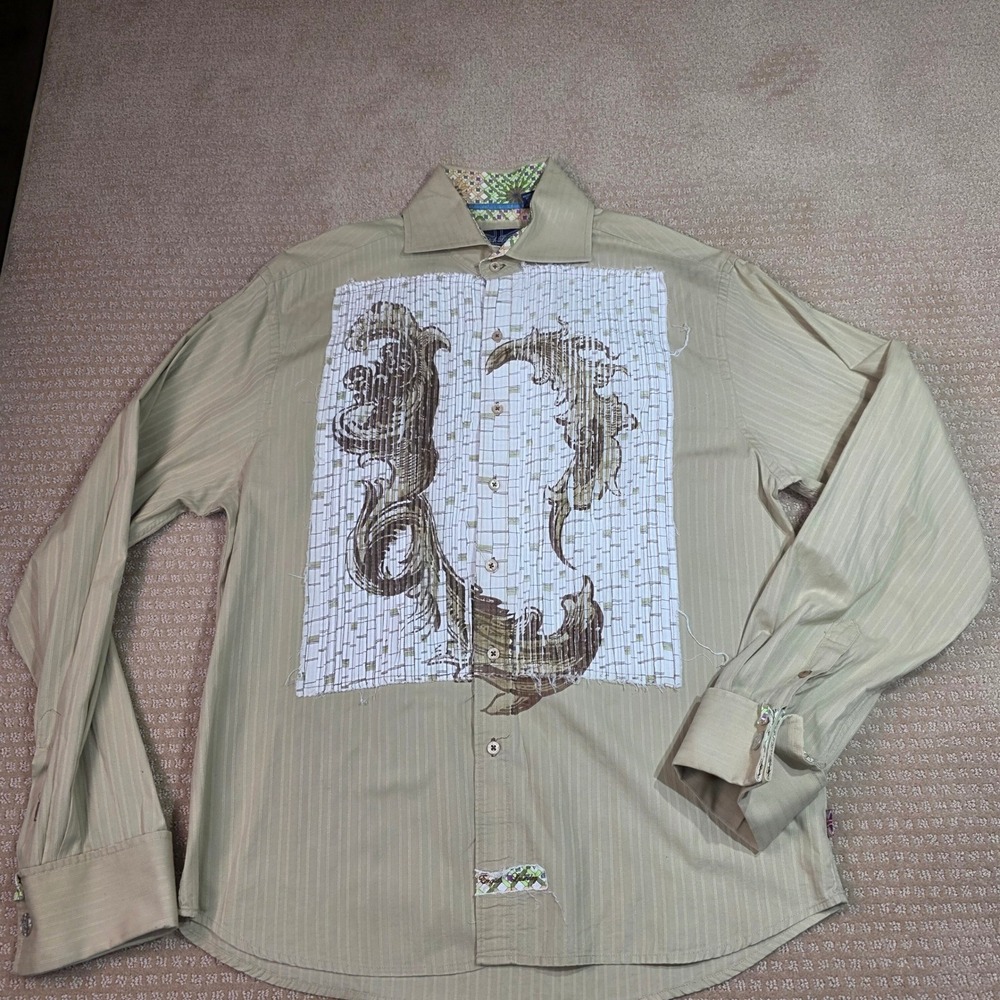 English Laundry Button Down XL Tan Pinstripe Graphic Patch Arrogant Snake 1165
